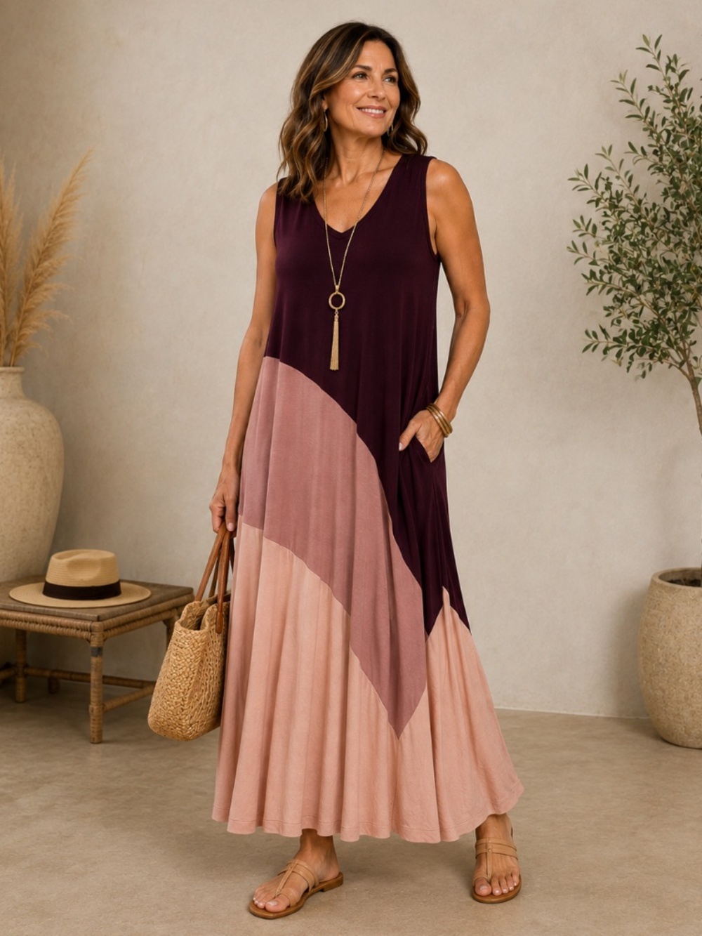 Marla Wynne Colorblock Maxi Tank Dress Pockets Wine Blush Size M NWOT